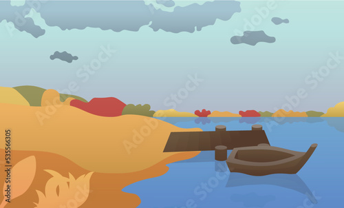 Autumn landscape. A wooden boat stands on the pier, reflected in the water, a colorful forest on the horizon red yellow green. Ready to use eps for design