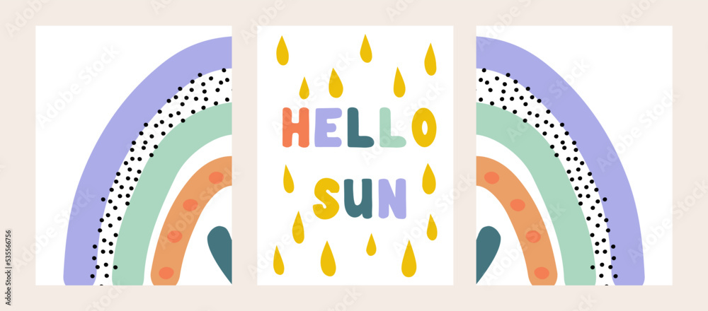 Set of weather themed vector illustrations neutral colors. For nursery decor, posters, banners, greeting cards, and more.