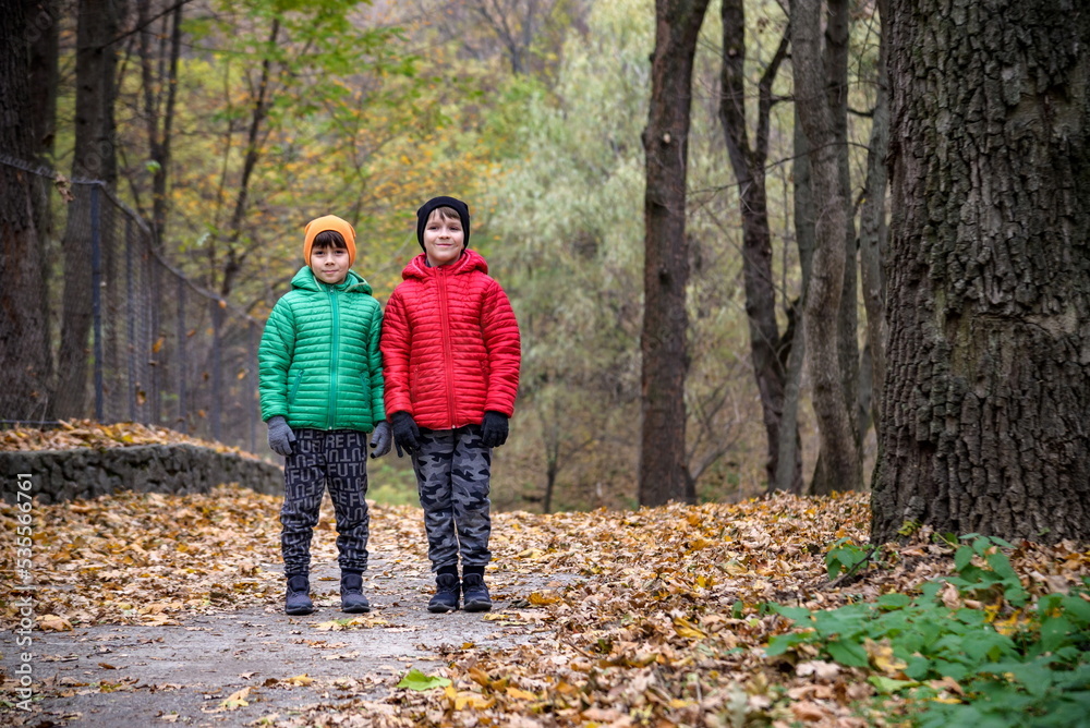 Two children boy and sibling brother in warm hats with backpacks Two children boy and sibling brother in warm hats with backpacks