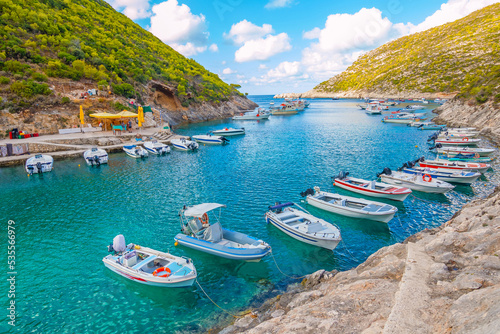 Greece. Aerial view of beautiful Porto Vromi with many fisher and tourist pleasure boats in the blue bay. Zakynthos - Zante island.