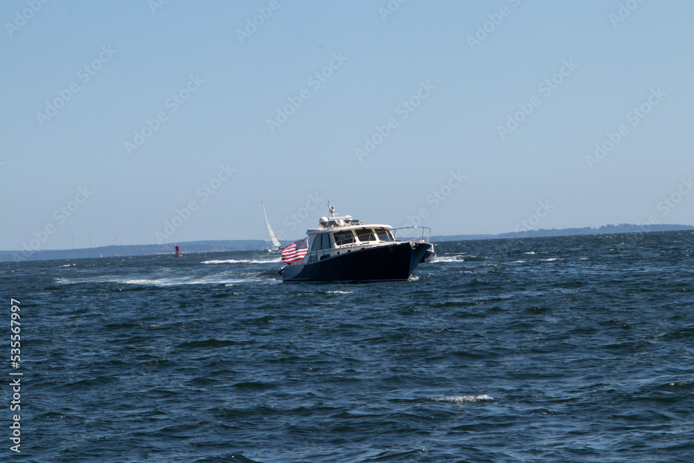 motorboat in the sea with American Flag