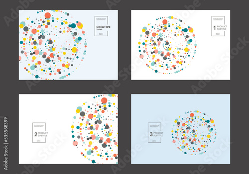 Circles design elements. Color halftone frame with circle pattern on white background. Vector frame with rainbow random gradient. Cover brochure templates