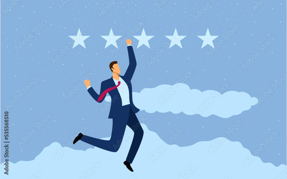 Happy businessman jumps on clouds