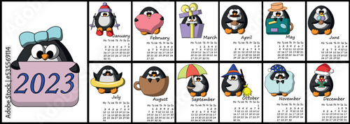 Calendar for 2023 with cute cartoon characters penguins.