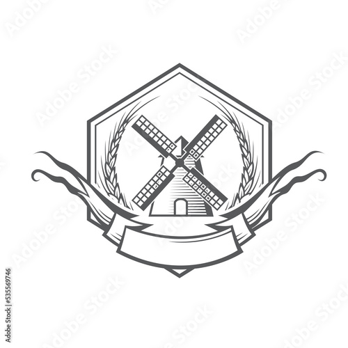 monochrome illustration of windmill and wheat ears isolated on white background