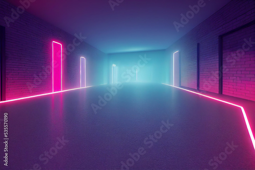 3D rendering, pink blue neon lines, geometric shapes, virtual space, ultraviolet light, 80's style, retro disco, fashion laser show.