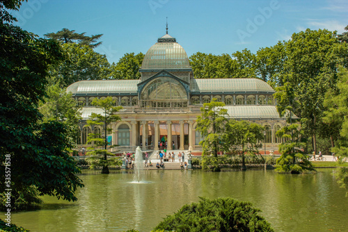 Front view of the Crystal Palace with its lake in the Parque del Retiro, Madrid, Spain