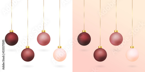Elegant Christmas balls hanging on gold string isolated on transparent and gradient background. Realistic xmas decorations silky and matte finish - vector illustration