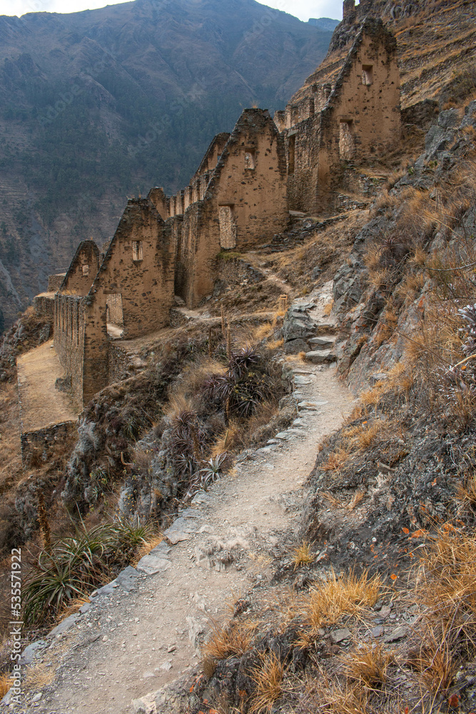Pinkuylluna archaeological site with views of the trail in Ollantaytambo, Peru.