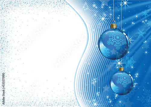 Blue Abstract Christmas Background with Rays of Light and Hanging Christmas O...