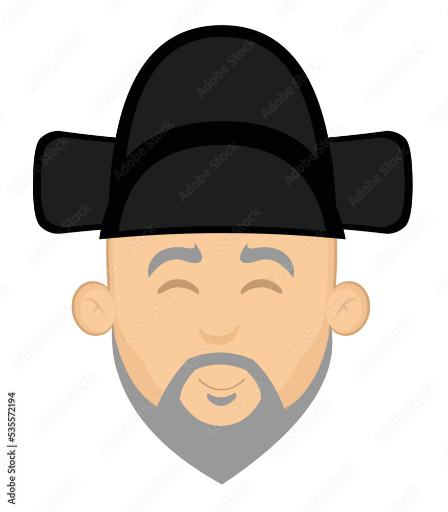 Vector illustration of the head of an asian older man, with a gray beard and a samo hat classic of korean culture