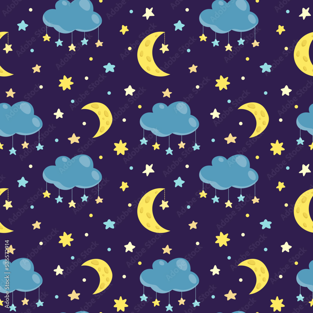 Vector pattern with night sky, stars and moon