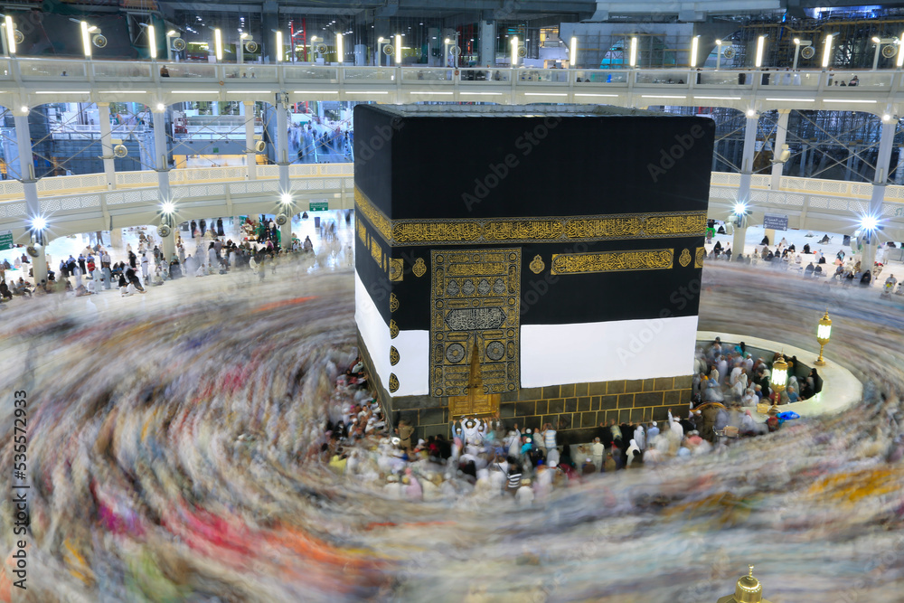 Crowd of people making Tawaf around The Holy Kaaba in Makkah during Umra or Hajj, View from the