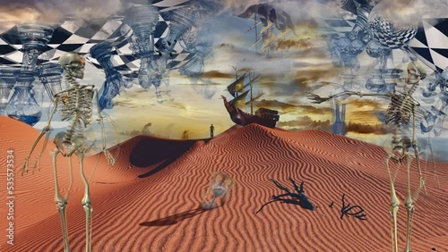 Surreal desert with chessboard and figures