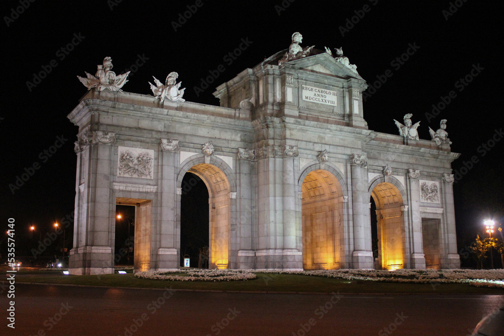 Puerta de Alcala at night in the center of Madrid, Spain