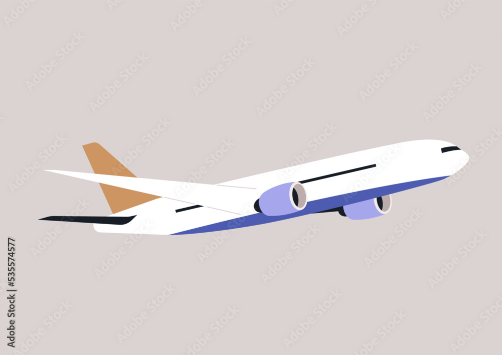 An isolated image of an aircraft with colorful turbines and tail, travel concept