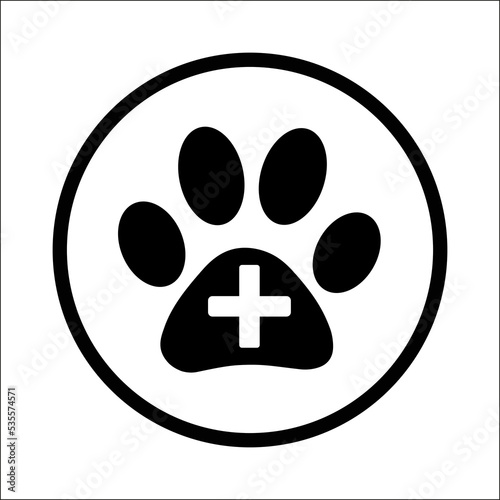 Veterinary clinic symbol paw print with veterinary cross in black circle icon. 