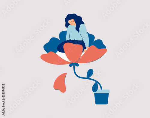 Woman sitting on the fading flower and can't deal with emotional stress or depression. Girl lost of interest or of feeling of pleasure from social life. Mental health vector illustration