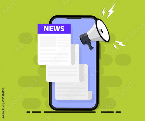 Newspaper with news in smartphone. Hand holding phone and scrolling news feed. Daily or weekly breaking news. News webpage, information about events, activities. Worldwide media in your device