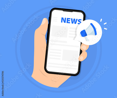 Newspaper with news in smartphone. Hand holding phone and scrolling news feed. Daily or weekly breaking news. News webpage, information about events, activities. Worldwide media in your device