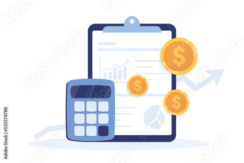 Clipboard with graphs and charts, audit debit and credit calculations. Accounting and taxes. Financial report, digital accounting, financial research. Clipboard with calculator and coins. Banking