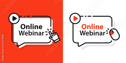 Online webinar button. Online webinar, vector design element with play button. Internet education. Online meeting. Social media webinar. Live video streaming, web conference. Vector illustration