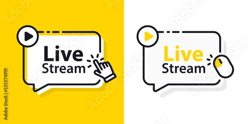 Live stream symbol. Online streaming, vector design element with play button. Emblem for broadcasting, tv, sport, news, radio. Live video stream icon. Template for shows, movies and live performances