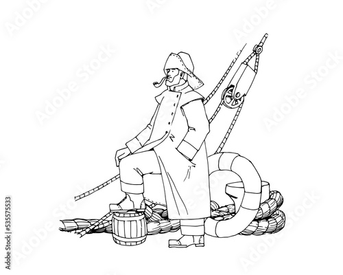 Expert skipper on a deck. A sailor in a raincoat. Vector illustration with black ink contour lines isolated on a white background in a hand drawn style.