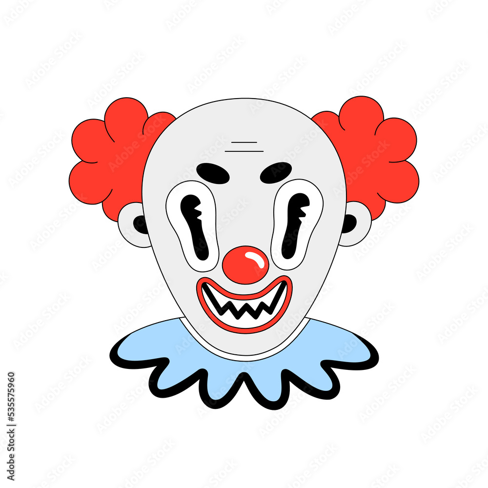 Creepy clown. Halloween spooky cartoon character isolated on white background. Flat style with black outline. Sticker, print on clothes, notebooks and phone cases. Vector illustration Creepy clown. Halloween spooky cartoon character isolated on white background. Flat style with black outline. Sticker, print on clothes, notebooks and phone cases. Vector illustration