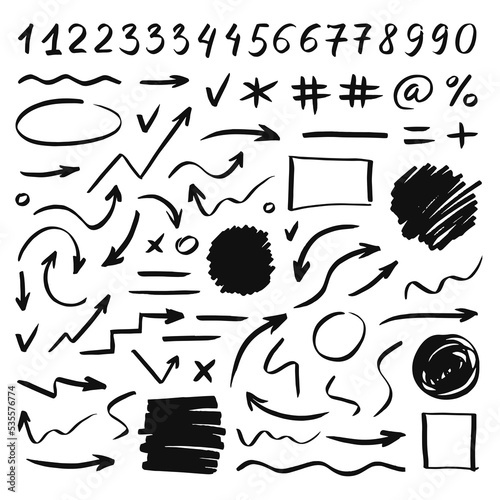Set of handwritten numbers, signs, arrows and stains. Hand drawn elements