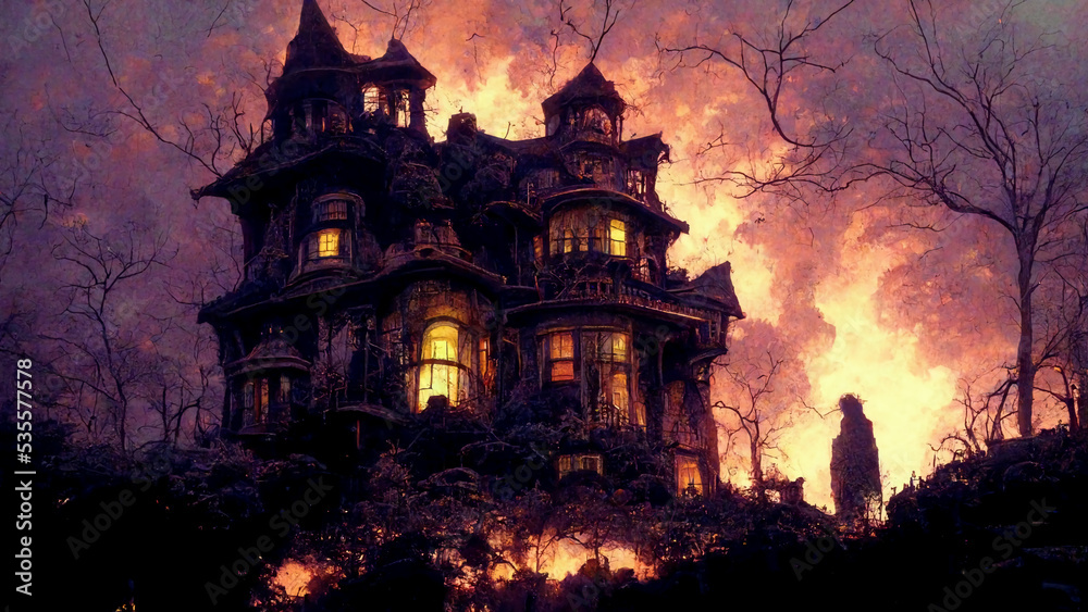 Fototapeta premium Haunted halloween house with a dark and scary background with pumpkins and dead trees and lights