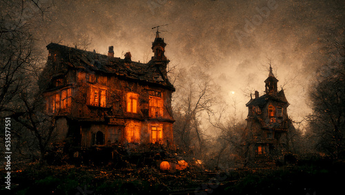 Haunted halloween house with a dark and scary background with pumpkins and dead trees and lights