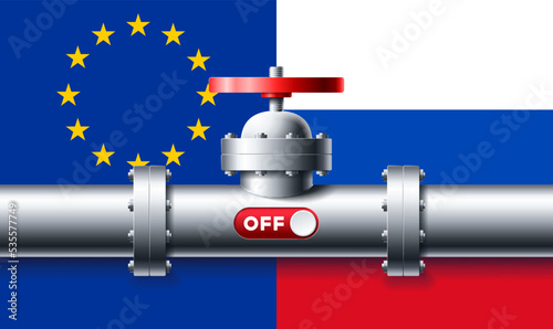 Metal pipeline with red slider turn off and red faucet on background with flags European union and Russia vector illustration