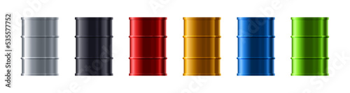 Photo Set metal realistic barrels of different colors side view vector illustration