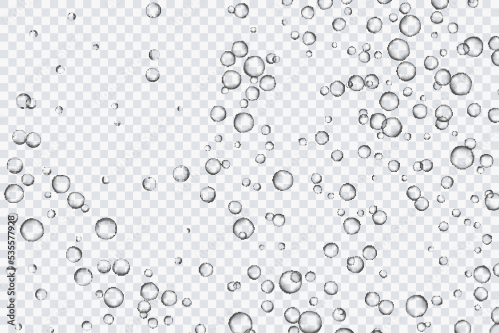 Air bubbles, oxygen, champagne crystal clear, isolated on a transparent background of modern design. Vector illustration of EPS 10.