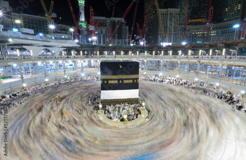  Crowd of people making Tawaf around The Holy Kaaba in Makkah during Umra or Hajj, View from the top of Masjid Al Haram. Long Exposure at night photo