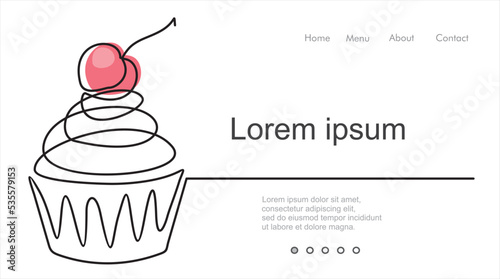 Cupcake with decoration and cherry continuous line drawing element isolated on white background for logo or decorative element. Vector illustration of sweet dessert form in trendy outline style.