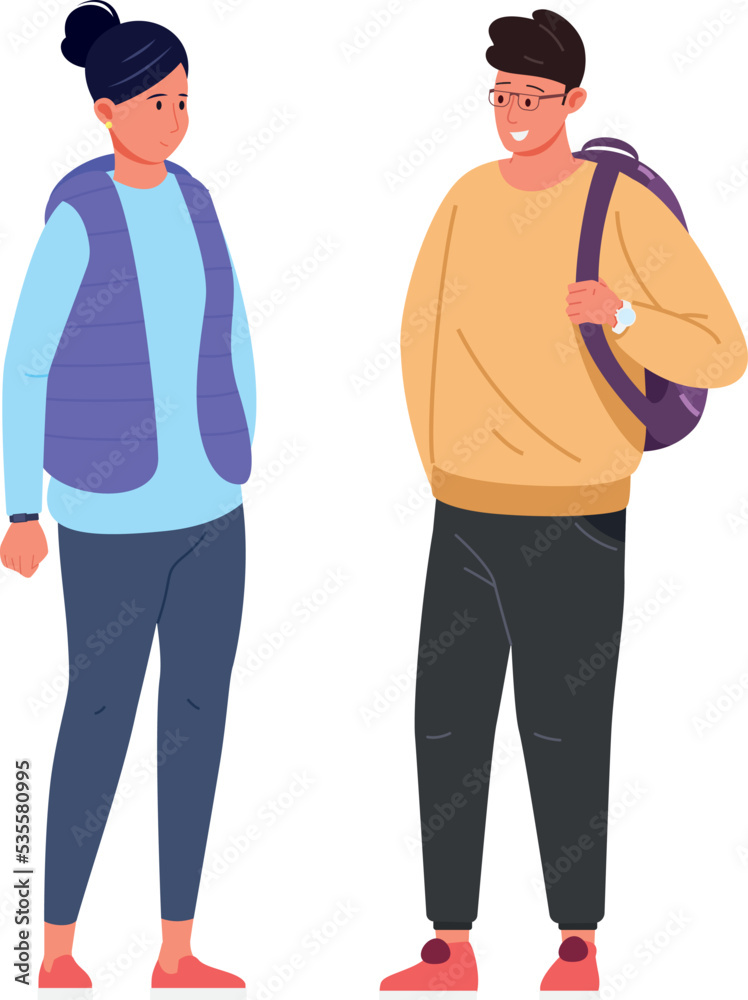 Students talking. Young friends conversation. Guy and girl standing Students talking. Young friends conversation. Guy and girl standing