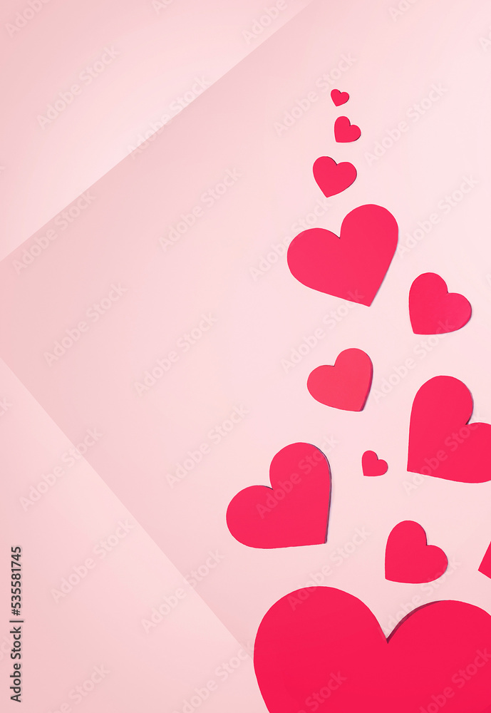 Group of pink hearts (big and small) on pink background. Valentines Day, Mothers Day, International Women's Day, anniversary, love concept. Flat lay, top view. Copy space. Empty place.