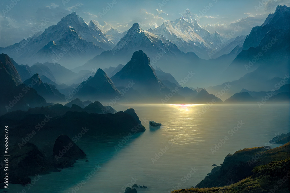 Fantasy gloomy landscape with mountains and river. Fog, dramatic clouds. 3D illustration.
