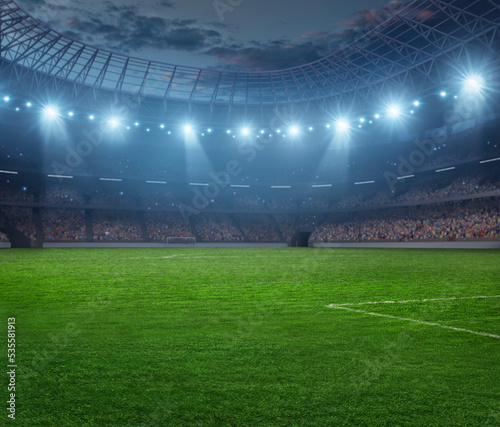 Photo of a soccer stadium. The stadium was made in 3d without using existing references. 3d illustration
