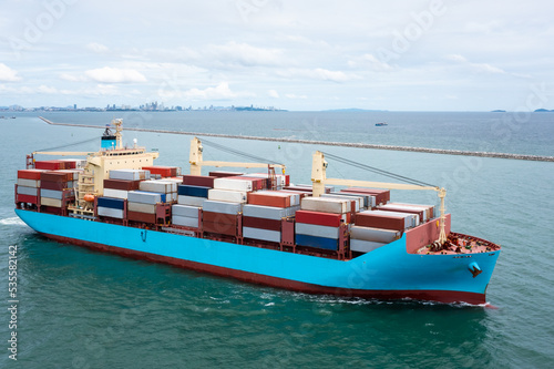 Container ship transporting cargo logistic to import export goods internationally around the world, including Asia Pacific and Europe, business and industry service of goods logistic transportation