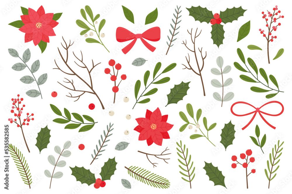Set of Christmas plant elements. Christmas berries, leaves, twigs, flowers and bows. Set of Christmas plant elements. Christmas berries, leaves, twigs, flowers and bows.