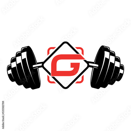 fitness logo, initial letter G with dumbbell  vector concept