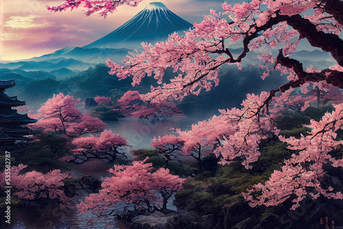 Japanese landscape with sakura trees against the backdrop of mountains and a volcano. Beautiful fantasy landscape. 3D illustration.