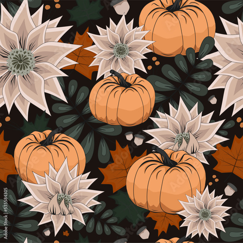 seamless autumn pattern Vector  autumn maple leaves  brown  red  yellow  orange and green leaves and plants  pumpkins for halloween pattern  flat fall design  rowan and acorns  print for fabric