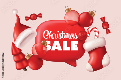 Christmas Sale banner with xmas decoration. Vector illustration in cartoon realistic 3D style