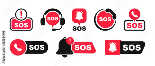 SOS icon set. Emergency signs collection. SOS bell red icon. Emergency hotline. SOS emergency call. Vector illustration.