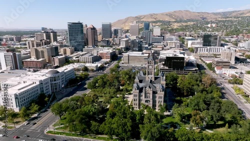 Aerial view of the cathedral of the Madeleine in Downtown Salt Lake City Utah. Beautiful Mormon city from above. photo