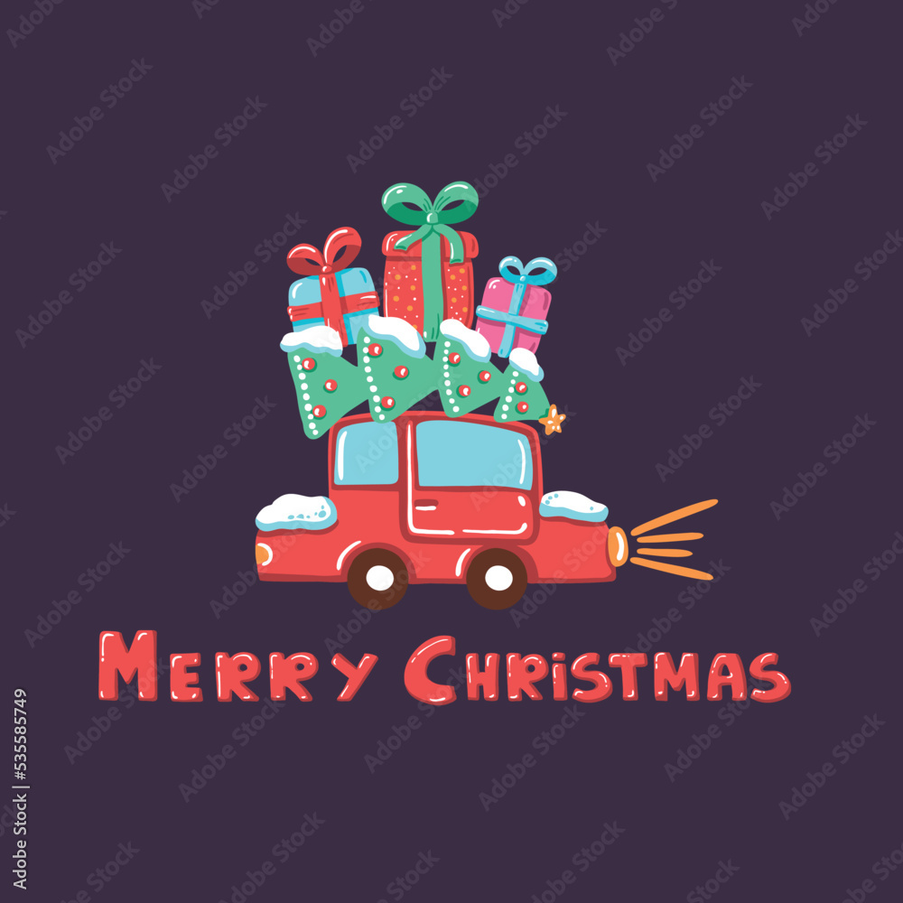 Merry Christmas greeting card design template with red car, Christmas tree and gift boxes. Merry Christmas greeting card design template with red car, Christmas tree and gift boxes.